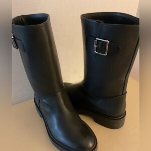 Vince women Kline Black Leather moto Mid-Calf Heeled Boots size 7